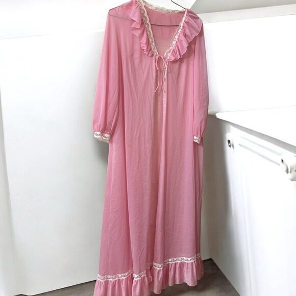 Vanity Fair Pink Ruffle Robe Nightgown Peignoir Lace Sheer Barbie USA Vintage - Picture 2 of 15